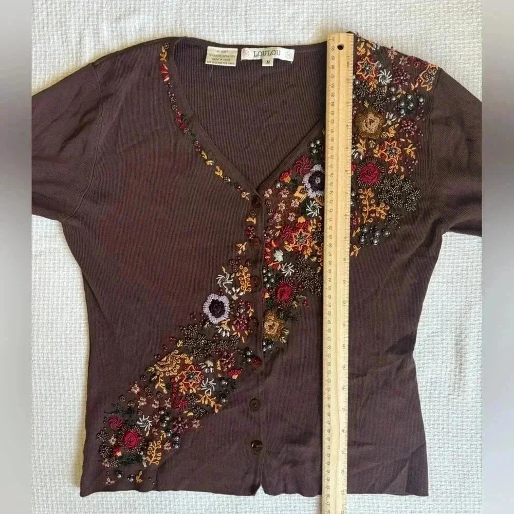 Lou Lou Cardigan Women’s M Choc Brown Beaded Embroidered 90s Y2K Retro Floral - Picture 5 of 6